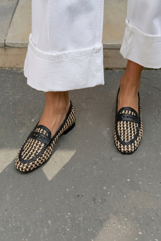 Woven Leather Penny Round Toe Flat Loafers [Pre Order]