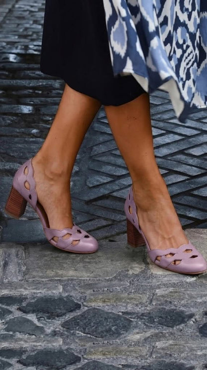 Tan Leather Scalloped Cutout Chunky Block Heels