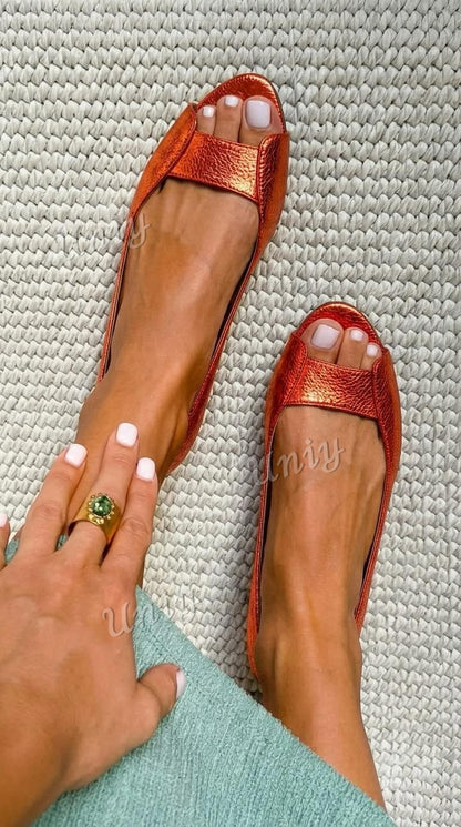 Chic Champagne Gold Metallic Textured Peep Toe Flats