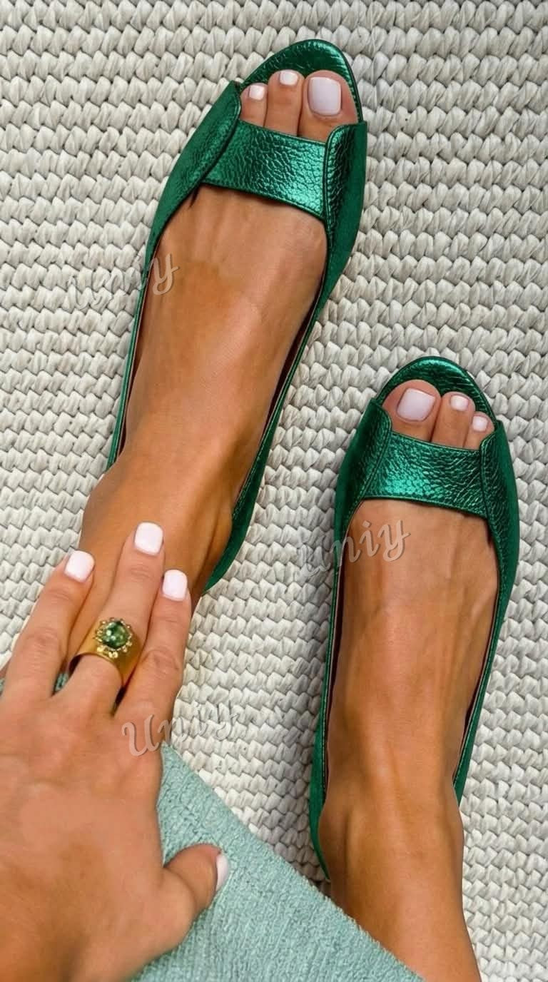 Chic Champagne Gold Metallic Textured Peep Toe Flats