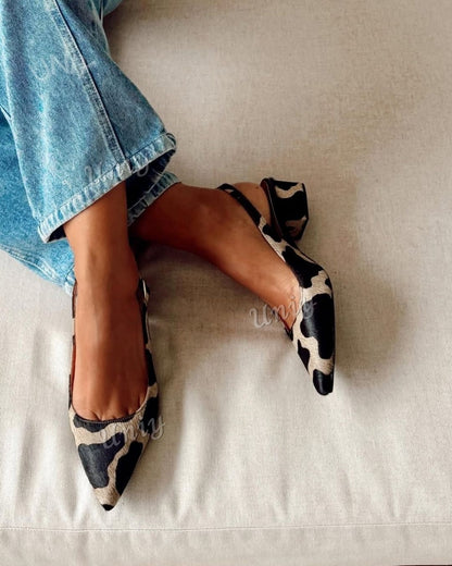 Classic Cow Pattern Pointed Toe Slingback Block Heels