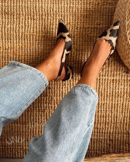 Classic Cow Pattern Pointed Toe Slingback Block Heels