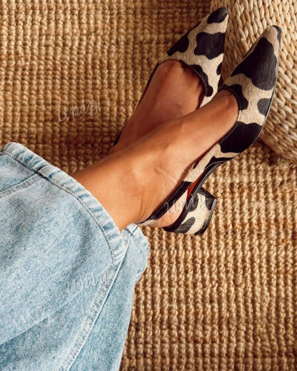 Classic Cow Pattern Pointed Toe Slingback Block Heels