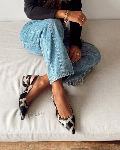 Classic Cow Pattern Pointed Toe Slingback Block Heels