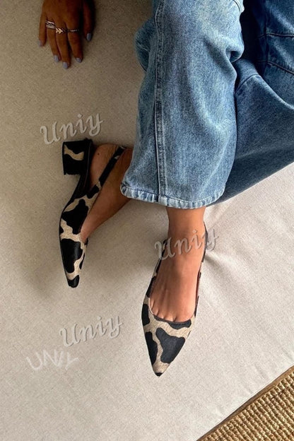 Classic Cow Pattern Pointed Toe Slingback Block Heels
