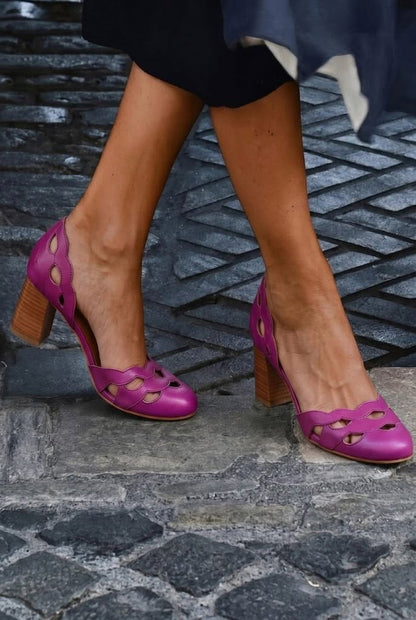 Tan Leather Scalloped Cutout Chunky Block Heels