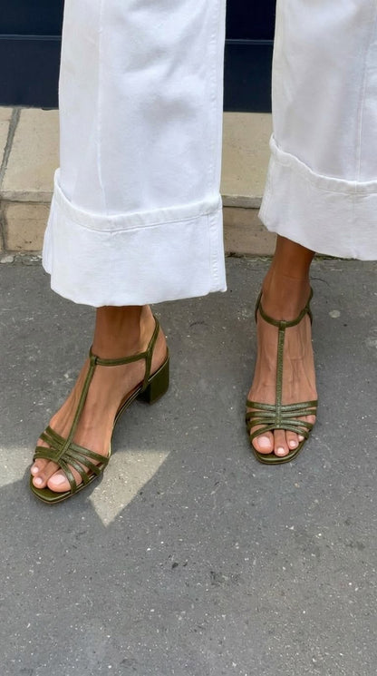 Metallic T-Strap Buckle Block Heel Sandals