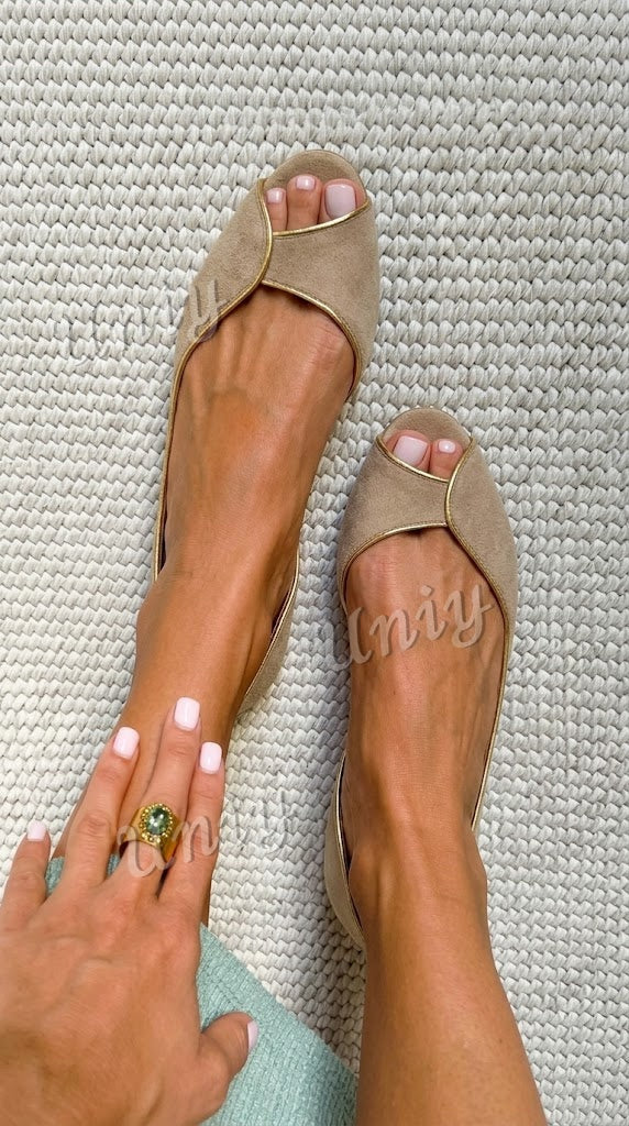 Suede Gold Trim Peep Toe D'Orsay Beige Flats [Pre Order]